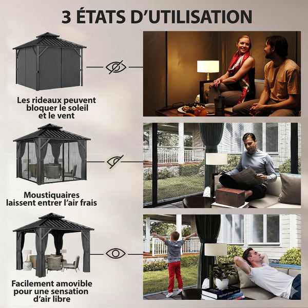 Pavillon 3 x 3 m avec Toit Rigide en Acier Galvanisé, Protection UPF50+, Cadre en Aluminium, Rideaux et Moustiquaire, Crochet de Plafond, Gris Foncé