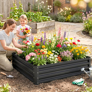 Carré potager de jardin potager surélevé, bac potager en acier galvanisé, jardinière exterieur résistant à la rouille 120x120x30cm, pour légumes, fleurs et herbes jardin, gris