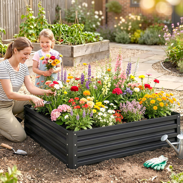 Carré potager de jardin potager surélevé, bac potager en acier galvanisé, jardinière exterieur résistant à la rouille 120x120x30cm, pour légumes, fleurs et herbes jardin, gris