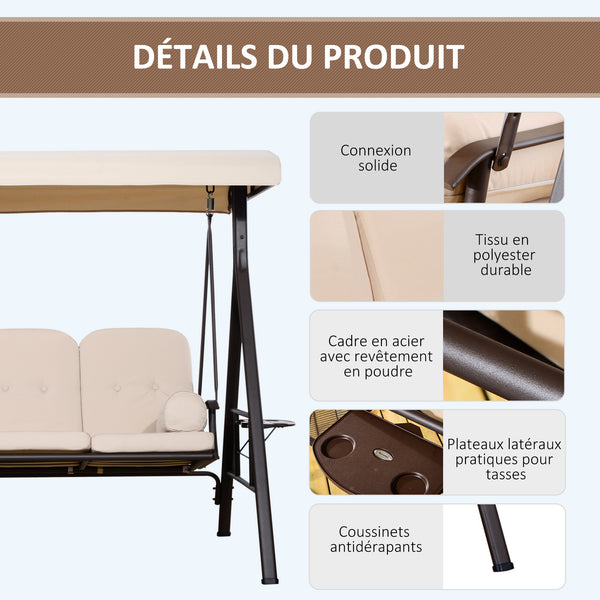 Balancelle de Jardin 3 Places Grand Confort Toit Inclinaison réglable Coussins Plateaux rétractables Polyester filé beige