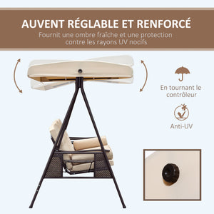 Balancelle de Jardin 3 Places Grand Confort Toit Inclinaison réglable Coussins Plateaux rétractables Polyester filé beige