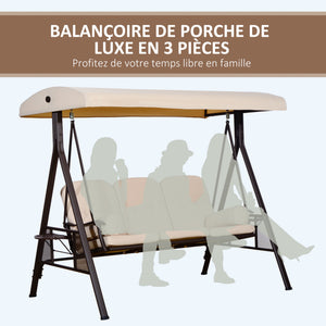 Balancelle de Jardin 3 Places Grand Confort Toit Inclinaison réglable Coussins Plateaux rétractables Polyester filé beige