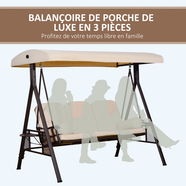 Balancelle de Jardin 3 Places Grand Confort Toit Inclinaison réglable Coussins Plateaux rétractables Polyester filé beige