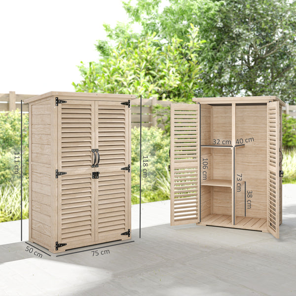Armoire de Jardin Remise pour Outils en Bois 2 Étagères Toit Bitumé Portes Persiennes Verrouillable 75 x 50 x 118cm Naturel