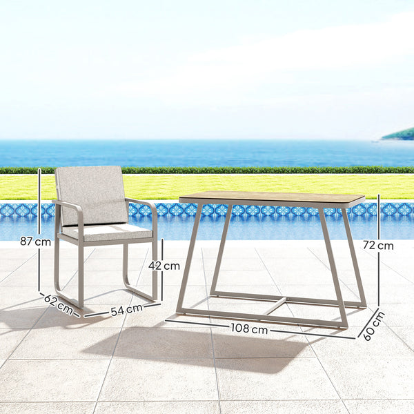 Salon de jardin extérieur 2 personnes, table de jardin extérieure avec 2 chaises, 4 coussins amovibles lavables, cadre en acier, table 72 cm, mobilier de jardin, terrasse, patio, gris