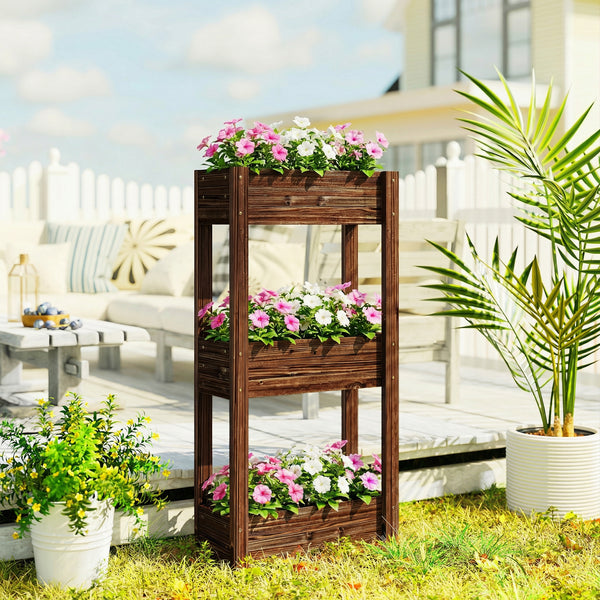 Bac à Plantes Surélevé en Bois à 3 Niveaux, Jardinière sur Pieds avec Trous de Drainage et Doublure, Bac de Jardin Élevé pour Légumes, Herbes, Fleurs, 60 x 25 x 120 cm, Marron