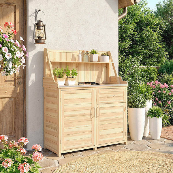 Armoire de Jardin en Bois avec Plan de Travail en Métal Galvanisé - Table de Rempotage avec Tiroir et Étagère - Abri de Jardin Extérieur pour Terrasse Balcon, 100x45x129,5cm, Naturel