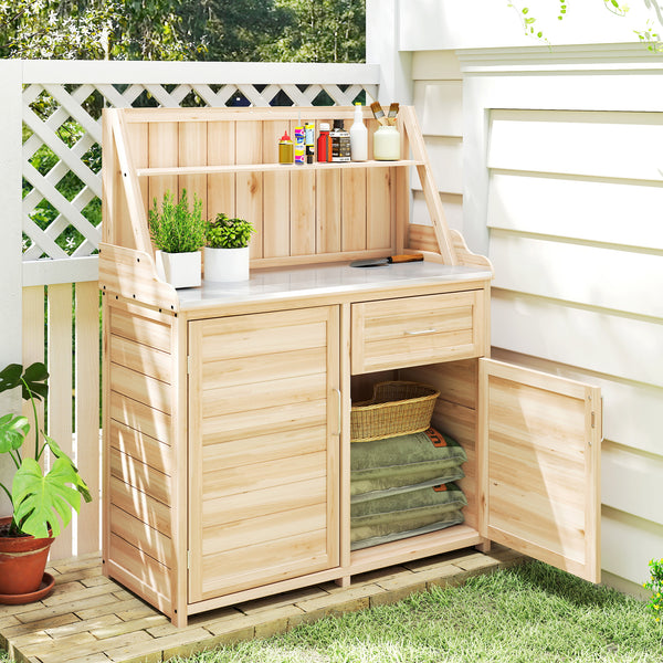 Armoire de Jardin en Bois avec Plan de Travail en Métal Galvanisé - Table de Rempotage avec Tiroir et Étagère - Abri de Jardin Extérieur pour Terrasse Balcon, 100x45x129,5cm, Naturel
