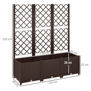 Jardinière avec treillis, lit surélevé de jardin, jardinière extérieure avec 8 trous de drainage, réservoirs d'eau, bac à fleurs pour balcon terrasse patio, 120 x 40 x 135 cm, marron
