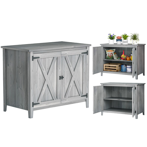 Armoire de Jardin en Bois, Placard de Jardin en Bois avec Étagères et Double Portes, Armoire à Outils, 110 x 60 x 88,5 cm, Gris Clair