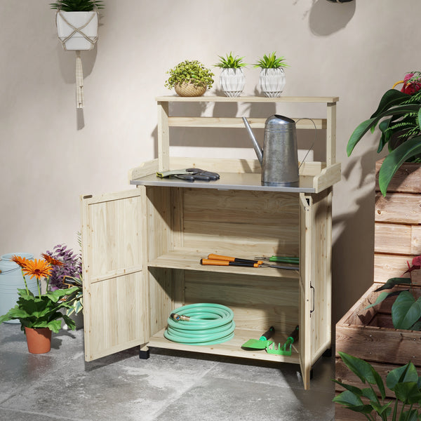 Table de rempotage table de jardinage style rustique avec placard et étagères et plateau galvanisé patins antidérapants en bois sapin pré-huilé dim. 90,5L x 41l x 124,5H cm effet bois naturel