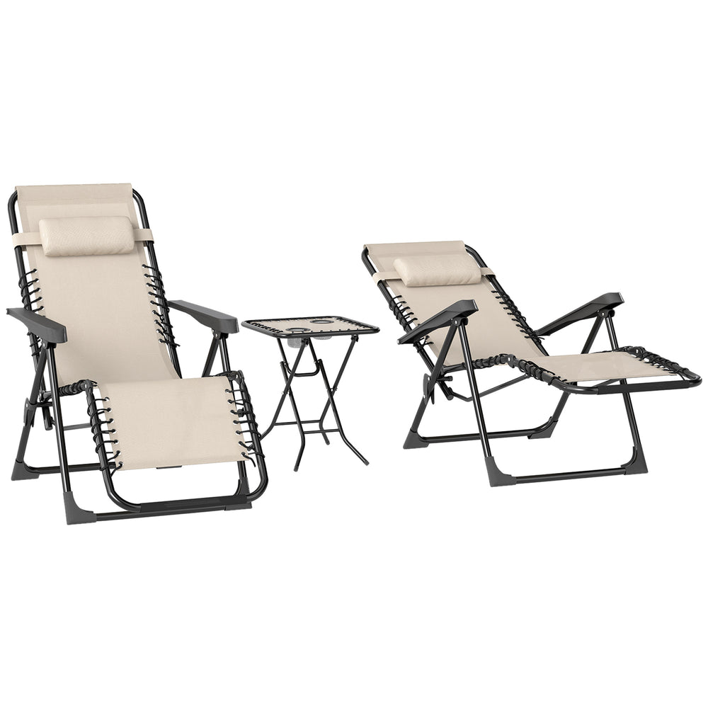 Lot de 2 chaise longue pliable et inclinable avec table d'appoint, fauteuil relax jardin de gravité zéro transat bain de soleil avec porte-gobelets et appuie-tête, charge 120 kg, beige