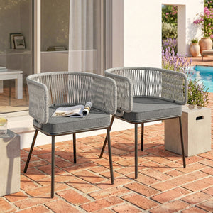 Lot de 2 Fauteuils de Jardin, Chaises de Balcon avec Dossier et Accoudoirs en Corde Résine Tressée, Coussins Amovibles, Cadre en Acier, Chaise de Jardin pour Plage Balcon Terrasse, Gris Clair