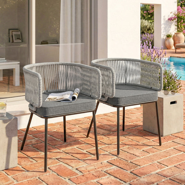 Lot de 2 Fauteuils de Jardin, Chaises de Balcon avec Dossier et Accoudoirs en Corde Résine Tressée, Coussins Amovibles, Cadre en Acier, Chaise de Jardin pour Plage Balcon Terrasse, Gris Clair