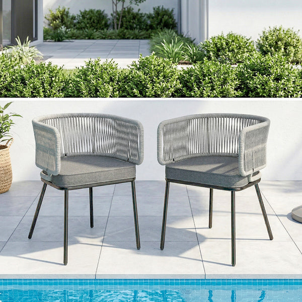 Lot de 2 Fauteuils de Jardin, Chaises de Balcon avec Dossier et Accoudoirs en Corde Résine Tressée, Coussins Amovibles, Cadre en Acier, Chaise de Jardin pour Plage Balcon Terrasse, Gris Clair