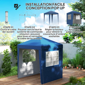 Tonnelle de jardin pliante pop-up 2 x 2 m tente de réception hauteur réglable 3 niveaux Anti-UV 30+ 3 parois latérales avec 4 sacs de sable et 1 sac de transport tissu Oxford acier bleu foncé