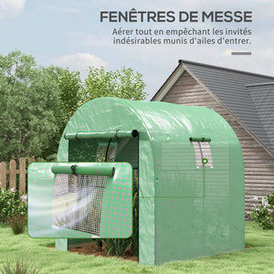 Serre de jardin serre tunnel de jardin 3,24m² PE Haute densité 135 g/m², avec 2 portes zippées enroulables 2 fenêtres en maille, pour toutes saisons, 180 x 180 x 200 cm, vert