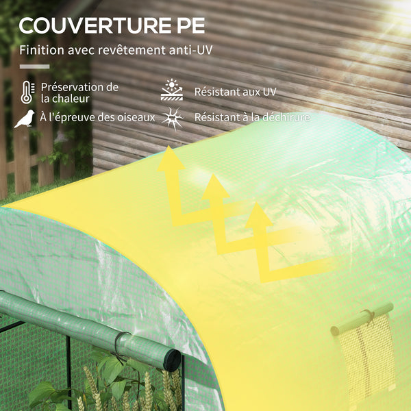 Serre de jardin serre tunnel de jardin 3,24m² PE Haute densité 135 g/m², avec 2 portes zippées enroulables 2 fenêtres en maille, pour toutes saisons, 180 x 180 x 200 cm, vert