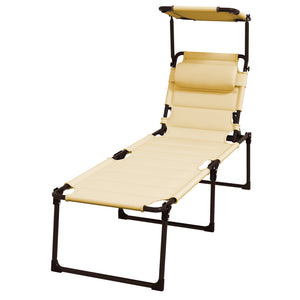 Bain de soleil, chaise longue pliante avec pare-soleil, appuie-tête en tissu Oxford, transat jardin extérieur inclinable de plage camping piscine terrasse 70 x 200 x 45 cm crème