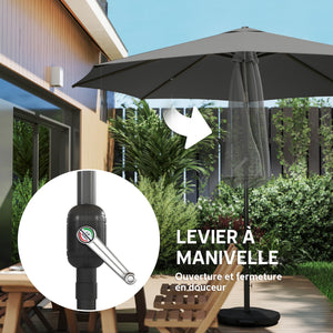 Parasol de jardin extérieur rond Ø 3 x 2,5 m parasol droit inclinable avec Base et Poids Sable, nervure rétractable, ouverture fermeture manivelle, mât en métal, toile 180 g/m², Gris Foncé
