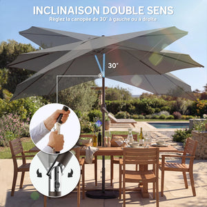 Parasol de jardin extérieur rond Ø 3 x 2,5 m parasol droit inclinable avec Base et Poids Sable, nervure rétractable, ouverture fermeture manivelle, mât en métal, toile 180 g/m², Gris Foncé