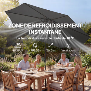Parasol de jardin extérieur rond Ø 3 x 2,5 m parasol droit inclinable avec Base et Poids Sable, nervure rétractable, ouverture fermeture manivelle, mât en métal, toile 180 g/m², Gris Foncé