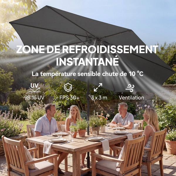 Parasol de jardin extérieur rond Ø 3 x 2,5 m parasol droit inclinable avec Base et Poids Sable, nervure rétractable, ouverture fermeture manivelle, mât en métal, toile 180 g/m², Gris Foncé
