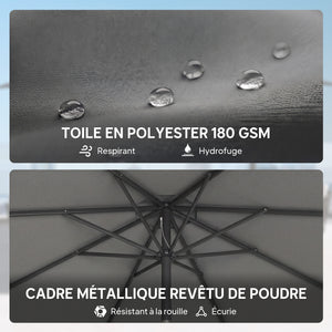 Parasol de jardin extérieur rond Ø 3 x 2,5 m parasol droit inclinable avec Base et Poids Sable, nervure rétractable, ouverture fermeture manivelle, mât en métal, toile 180 g/m², Gris Foncé