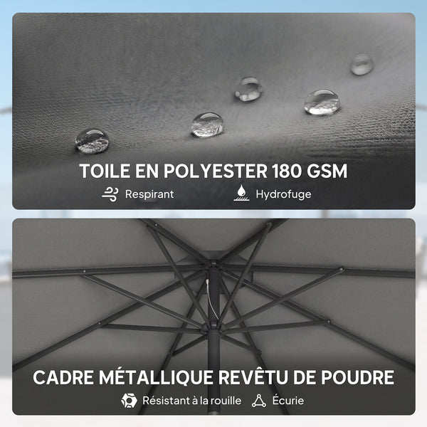 Parasol de jardin extérieur rond Ø 3 x 2,5 m parasol droit inclinable avec Base et Poids Sable, nervure rétractable, ouverture fermeture manivelle, mât en métal, toile 180 g/m², Gris Foncé