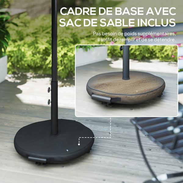 Parasol de jardin extérieur rond Ø 3 x 2,5 m parasol droit inclinable avec Base et Poids Sable, nervure rétractable, ouverture fermeture manivelle, mât en métal, toile 180 g/m², Gris Foncé