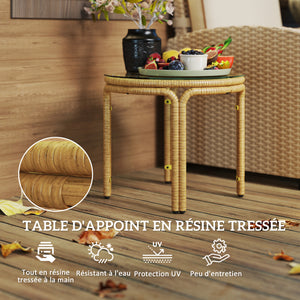 Table d'appoint en résine tressée ronde, table basse de jardin avec plaque en verre, facile à nettoyer pour terrasse, jardin, balcon, Ø 50 x 44 cm, jaune