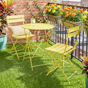 Ensemble Bistrot de Jardin 3 Pièces san Montage - Table et 2 Chaises Pliantes à Lattes en Métal avec Double Protection Antirouille - Mobilier de Balcon et Terrasse Chic, Jaune
