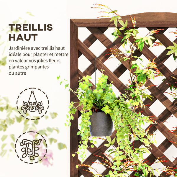 Jardinière avec Treillis - bac à Fleurs - jardinière sur Pied - dim. 76L x 36l x 170H cm - Fond à Lattes - Bois Sapin pré-huilé foncé marron