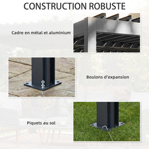 Pergola bioclimatique 4x3m, pergola aluminium avec lames orientables, manivelle, stores latéraux coupe-vent, tonnelle de jardin abri terrasse, protection soleil, imperméable, gris foncé