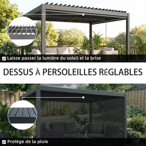 Pergola bioclimatique 4x3m, pergola aluminium avec lames orientables, manivelle, stores latéraux coupe-vent, tonnelle de jardin abri terrasse, protection soleil, imperméable, gris foncé