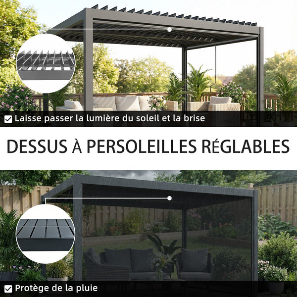 Pergola bioclimatique 4x3m, pergola aluminium avec lames orientables, manivelle, stores latéraux coupe-vent, tonnelle de jardin abri terrasse, protection soleil, imperméable, gris foncé