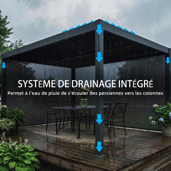 Pergola bioclimatique 4x3m, pergola aluminium avec lames orientables, manivelle, stores latéraux coupe-vent, tonnelle de jardin abri terrasse, protection soleil, imperméable, gris foncé