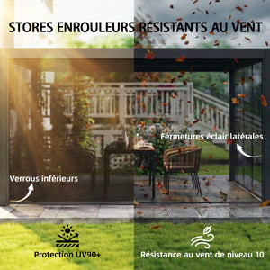 Pergola bioclimatique 4x3m, pergola aluminium avec lames orientables, manivelle, stores latéraux coupe-vent, tonnelle de jardin abri terrasse, protection soleil, imperméable, gris foncé