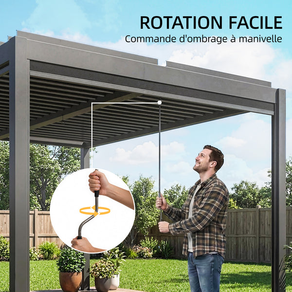 Pergola bioclimatique 4x3m, pergola aluminium avec lames orientables, manivelle, stores latéraux coupe-vent, tonnelle de jardin abri terrasse, protection soleil, imperméable, gris foncé