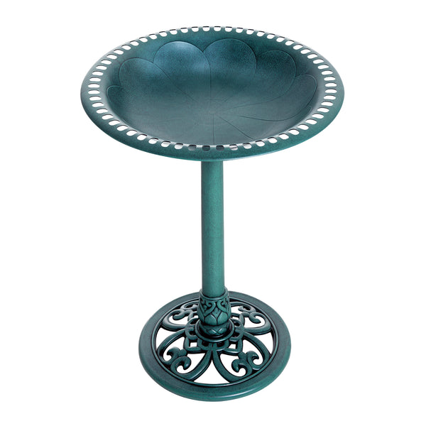 Bain d'oiseaux plateau de diamètre 50cm, abreuvoir oiseaux extérieur sur pied hauteur 69,5 cm, mangeoire oiseaux design coquille et décoration fleur-de-lys, érugineux