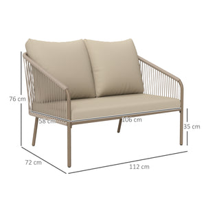 Canapé de jardin 2 places en résine tressée avec coussins, canapé d'extérieur avec accoudoirs, cadre en acier pour balcon, beige