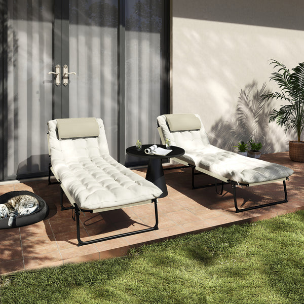 Lot de 2 transats bains de soleil pliable avec dossier inclinable 4 positions - appui-tête et Matelas épais ultra confortable - tissu textilène et acier, beige