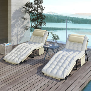 Lot de 2 transats bains de soleil pliable avec dossier inclinable 4 positions - appui-tête et Matelas épais ultra confortable - tissu textilène et acier, beige