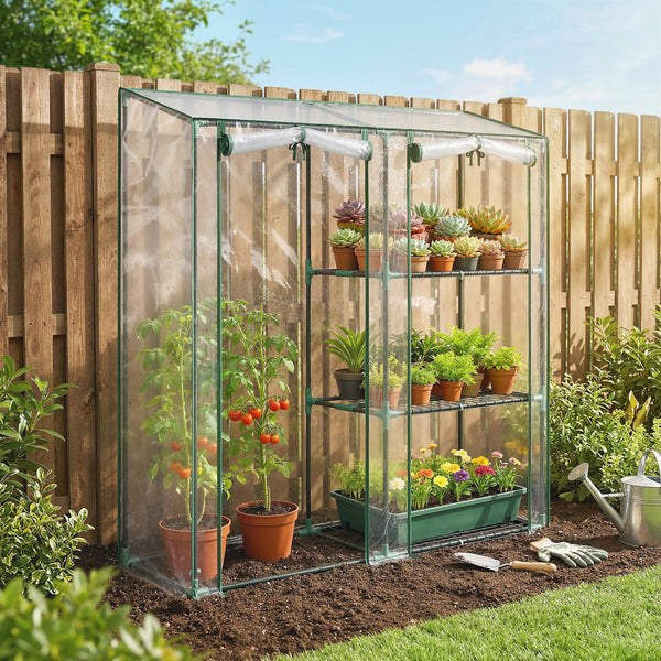 Serre de Jardin avec étagères 3 niveaux, Petite Serre de Balcon en Bâche PVC et Châssis Acier, 2 Portes Enroulables, pour Légumes Plantes Fleurs, 143 x 45 x 151 cm, Transparent