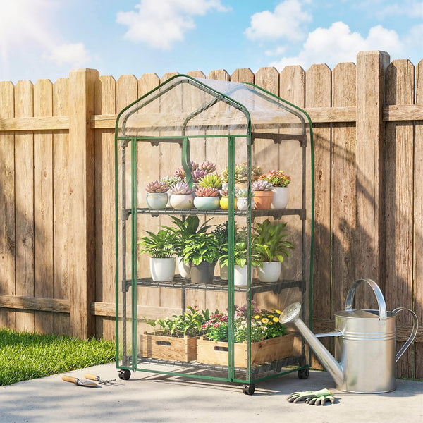 Serre de jardin PVC avec étagères 3 niveaux, serre de balcon, bâche PVC, châssis en acier, porte zippée enroulable, pour légumes plantes fleurs, 69x49x130cm, transparent