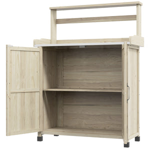 Table de rempotage table de jardinage style rustique avec placard et étagères et plateau galvanisé patins antidérapants en bois sapin pré-huilé dim. 90,5L x 41l x 124,5H cm effet bois naturel