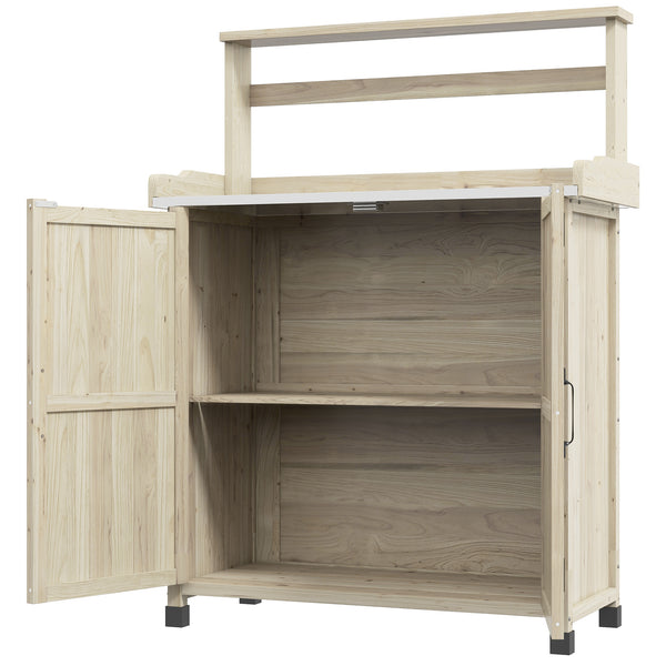 Table de rempotage table de jardinage style rustique avec placard et étagères et plateau galvanisé patins antidérapants en bois sapin pré-huilé dim. 90,5L x 41l x 124,5H cm effet bois naturel