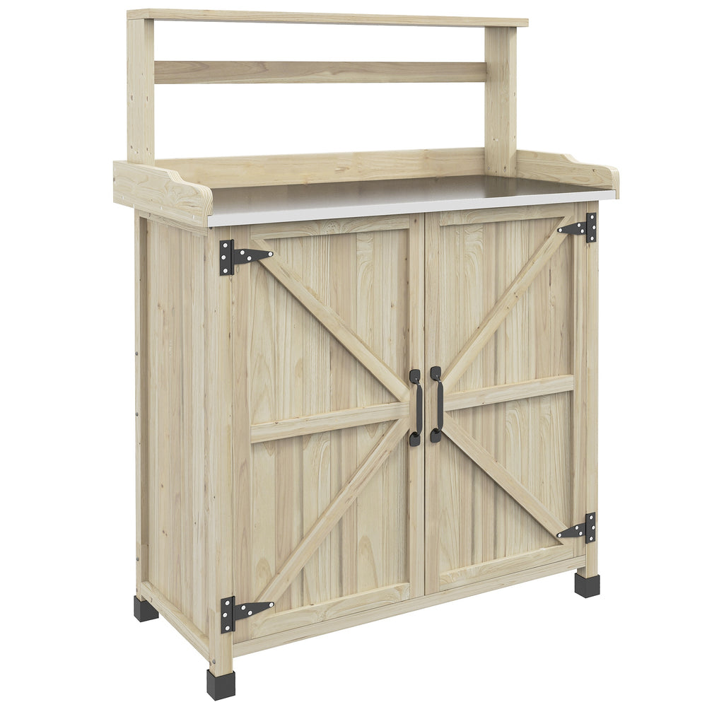 Table de rempotage table de jardinage style rustique avec placard et étagères et plateau galvanisé patins antidérapants en bois sapin pré-huilé dim. 90,5L x 41l x 124,5H cm effet bois naturel