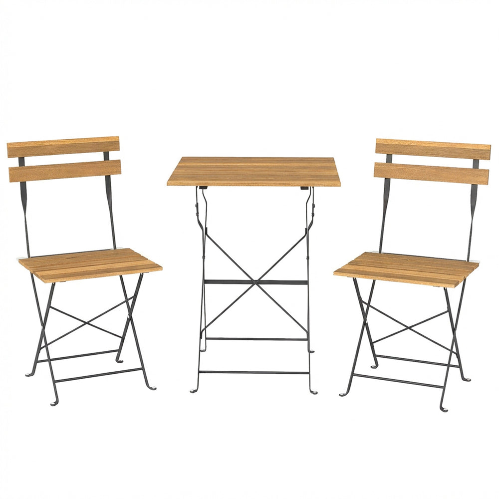 Ensemble de Salon de Jardin Bistrot 3 Pièces, Mobilier de Terrasse avec 2 Chaises Pliantes et Table Carrée en Bois d'Acacia, Cadre en Métal, pour Balcon Patio Jardin, Naturel