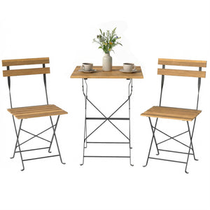 Ensemble de Salon de Jardin Bistrot 3 Pièces, Mobilier de Terrasse avec 2 Chaises Pliantes et Table Carrée en Bois d'Acacia, Cadre en Métal, pour Balcon Patio Jardin, Naturel